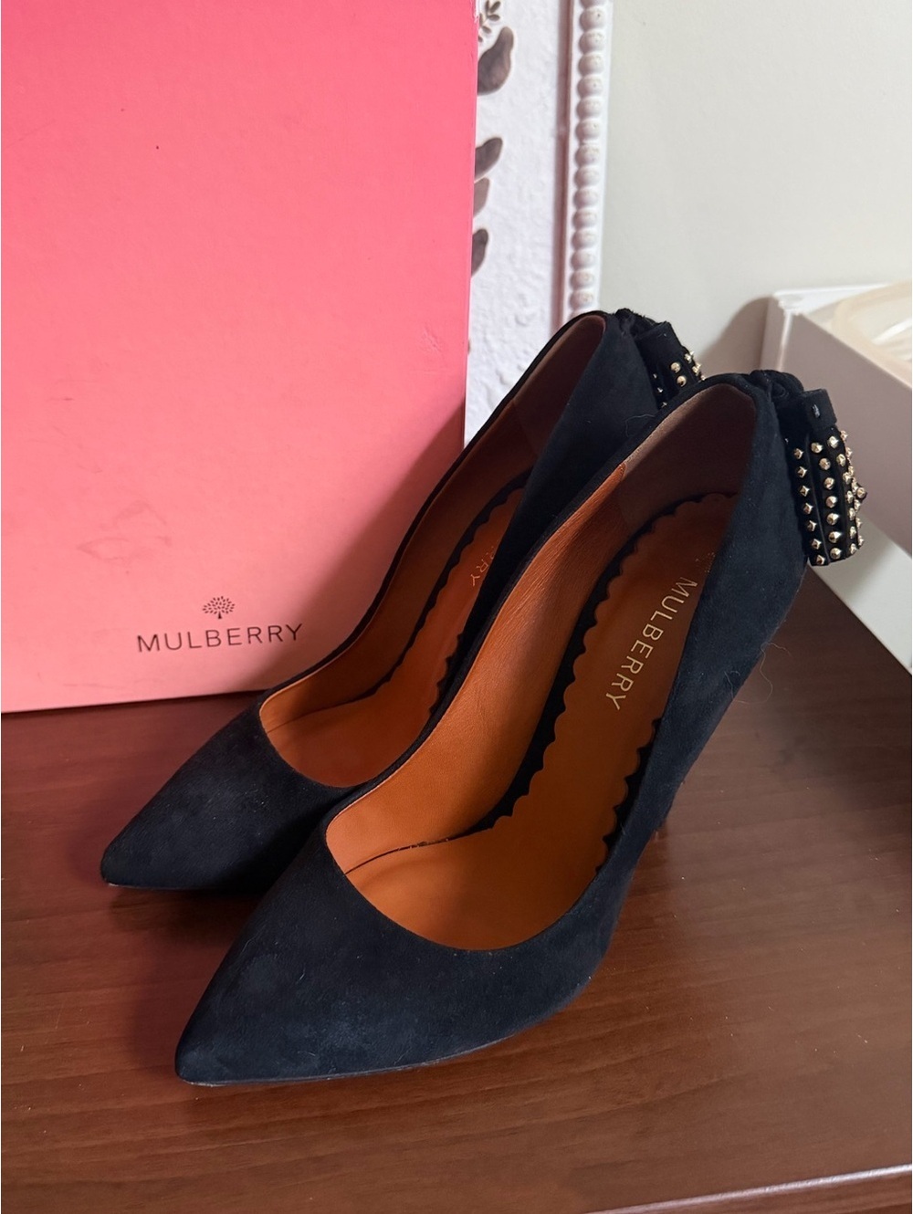 Mulberry Black Suede Studded Tassel Pumps
